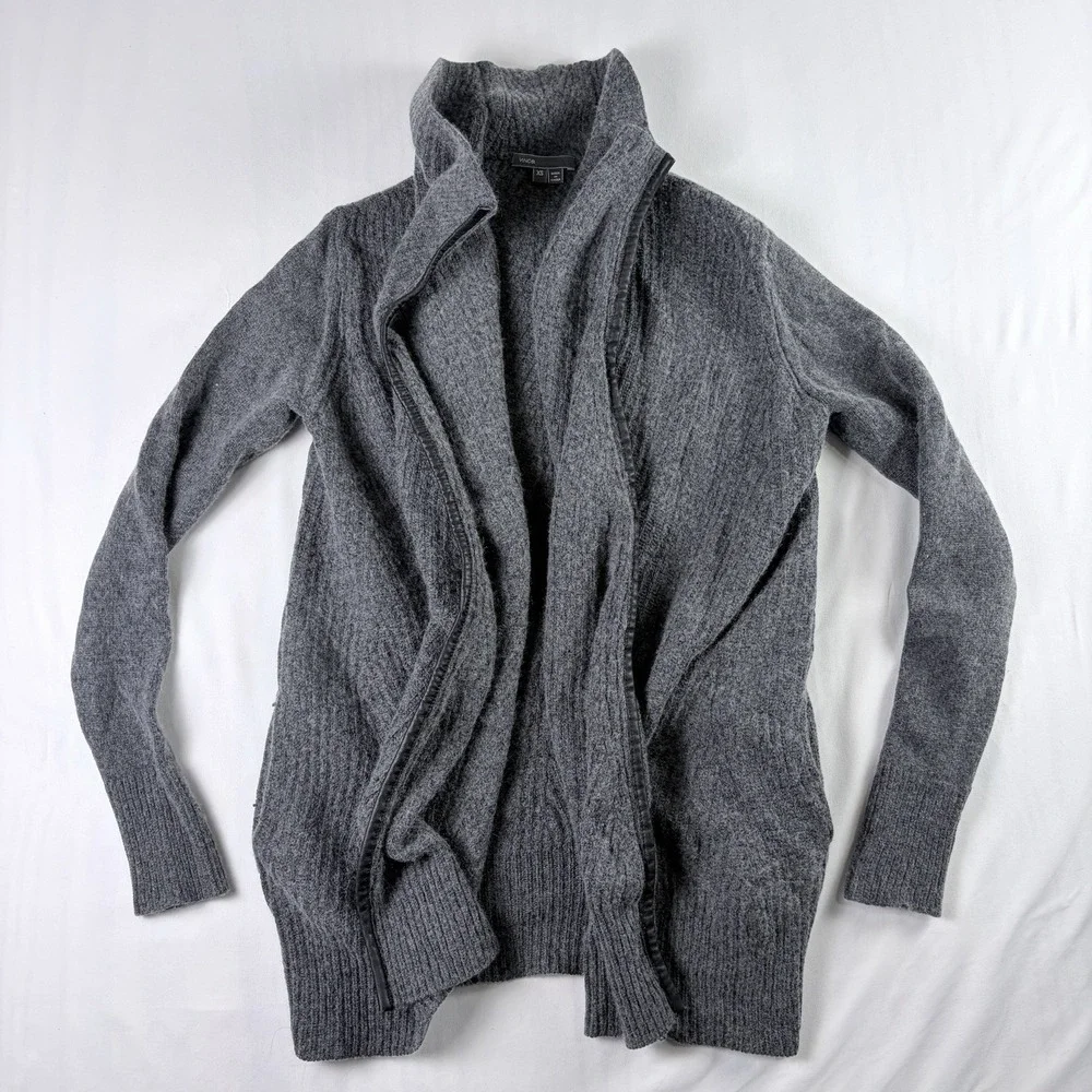 VINCE Cashmere Wool Blend Cardigan Leather Trim Open Front‎ XS Dark Gray Lux